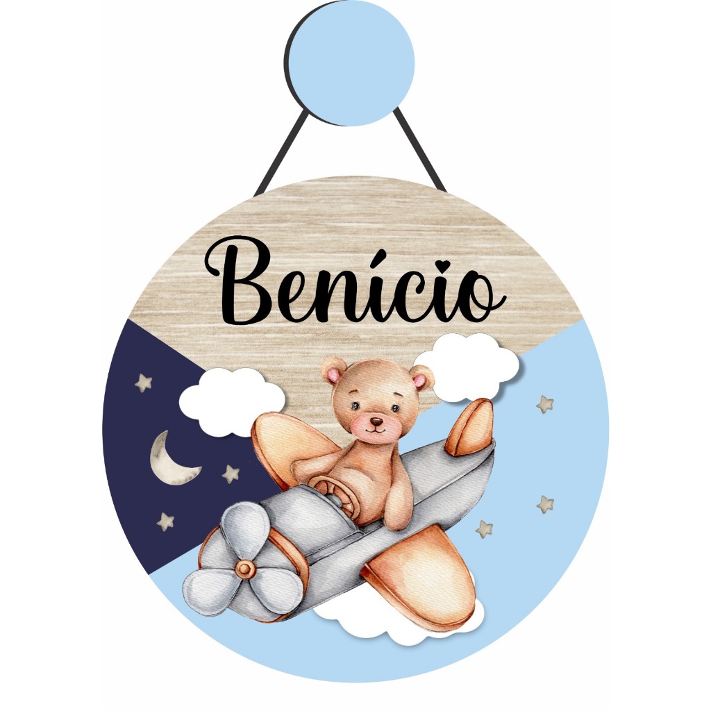 Enfeite Porta Maternidade Urso Aviador, Avião, Aquarela, Ursinho - Nome personalizado - Decoração para quarto! GUIRLANDA