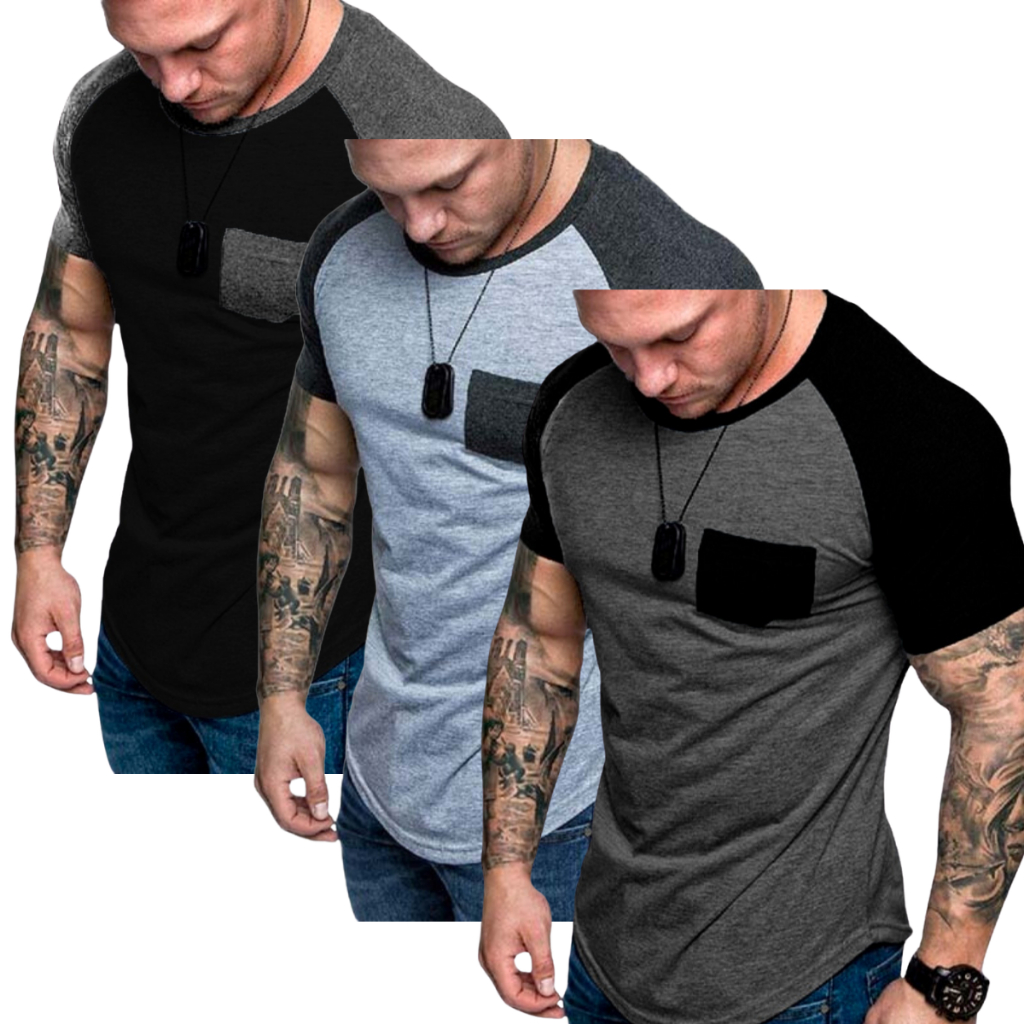 kit com 3 camisetas masculina manga curta raglan bolso