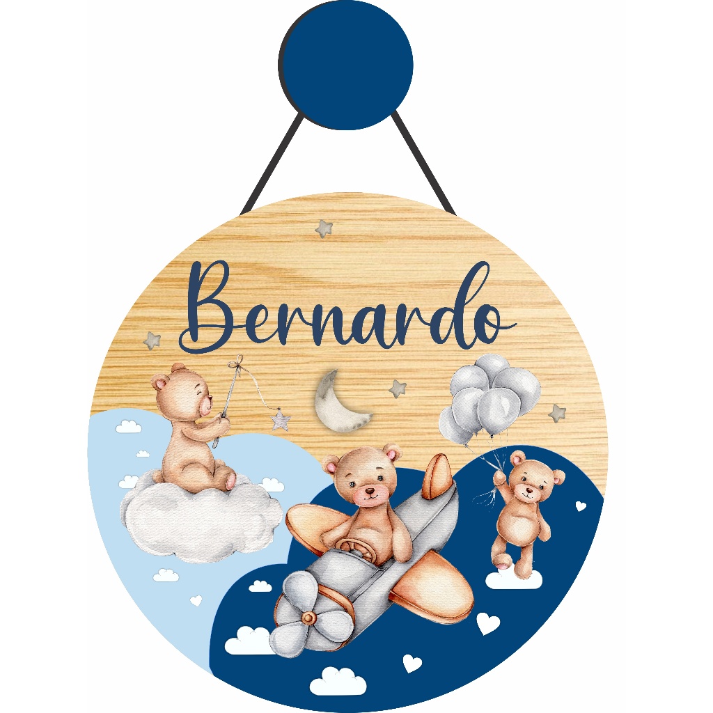 Enfeite Porta Maternidade Ursinho Aquarela aviador, Urso Aviador, Avião - Nome personalizado - Decoração para quarto! GUIRLANDA