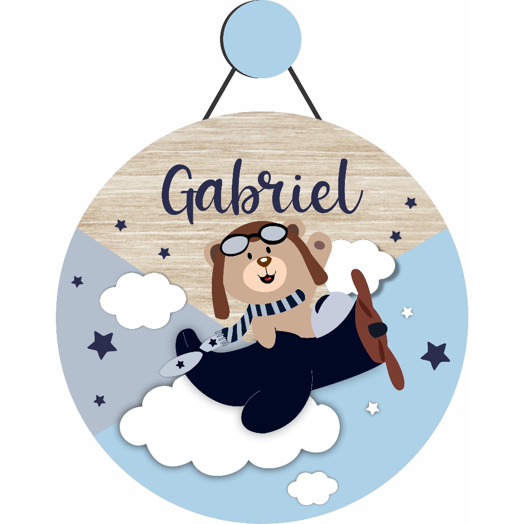 Enfeite Porta Maternidade Urso Aviador, Avião - Nome personalizado - Decoração para quarto! GUIRLANDA