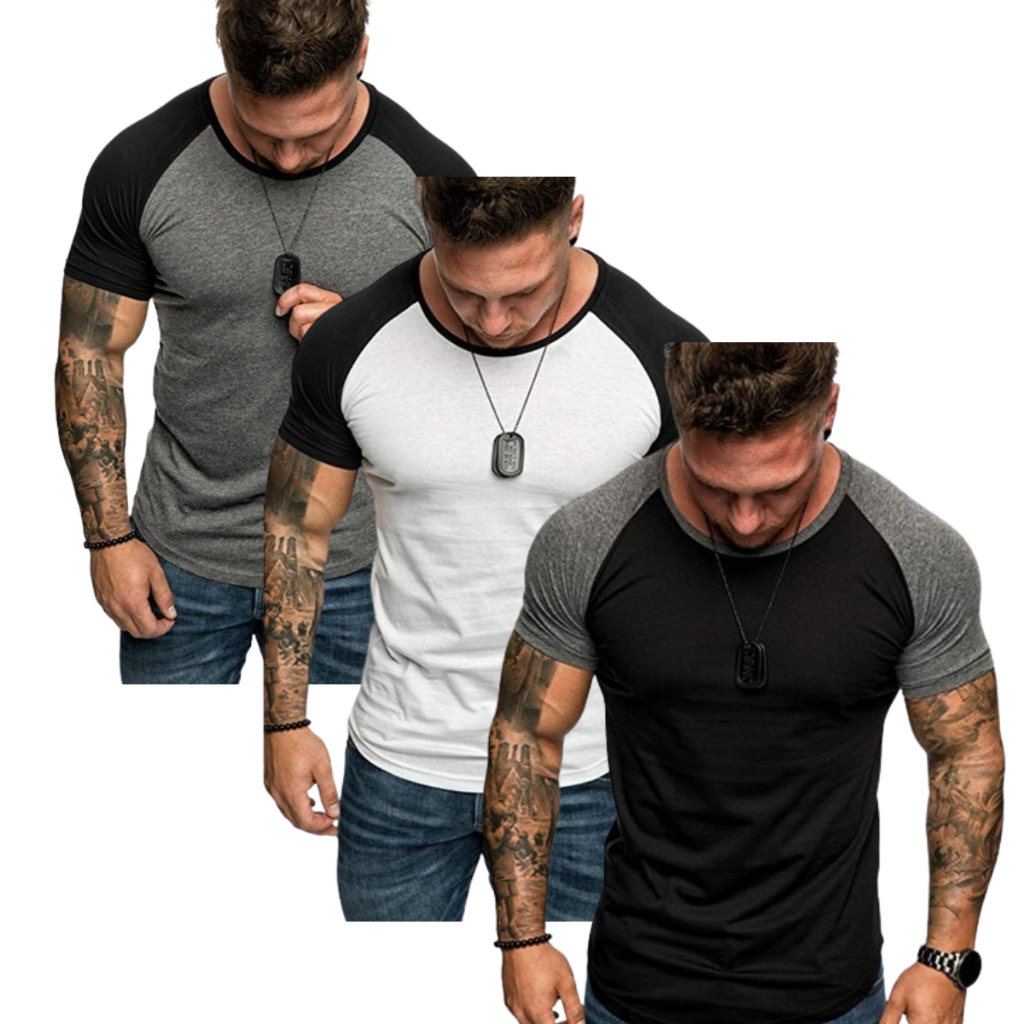 kit com 3 camisetas raglan manga curta