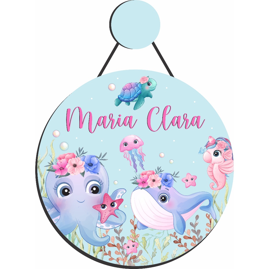 Enfeite Porta Maternidade Fundo do Mar, Mar, Peixes + (Pendurador) - Nome personalizado - Decoração para quarto! GUIRLANDA.