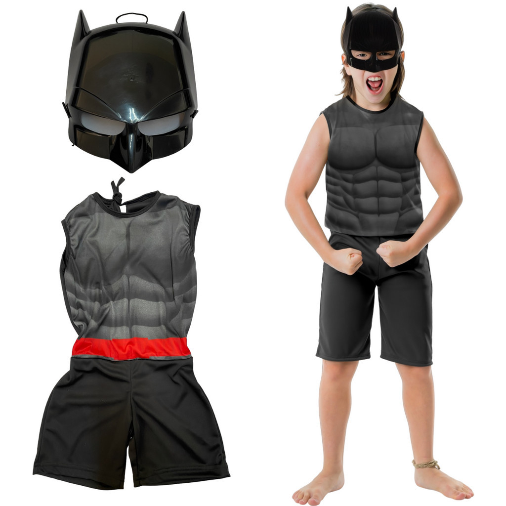 MEP Fantasia Com Máscara Infantil Macacão Masculino Preto Black Hero Para Menino Traje Batman Para Crianças Carnaval Halloween Toymaster