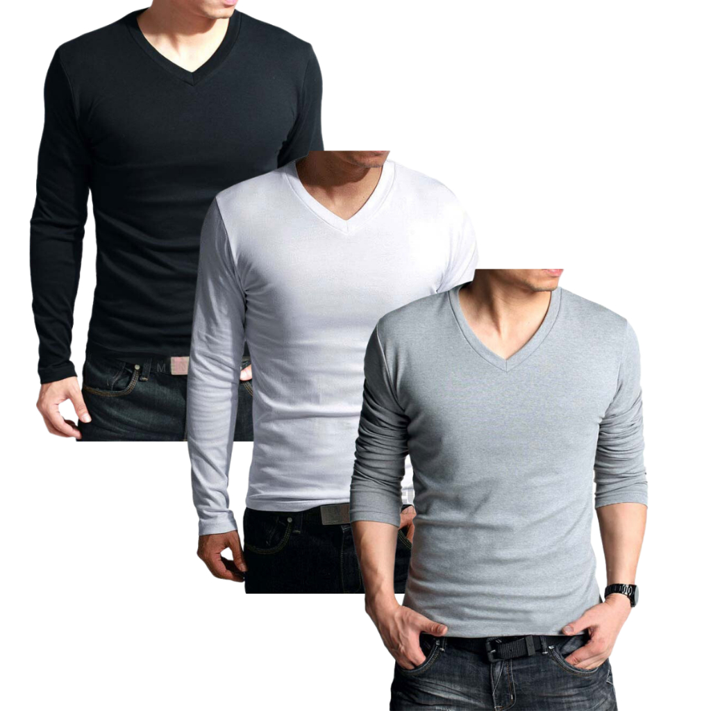 kit com 3 camisetas masculinas gola v manga longa