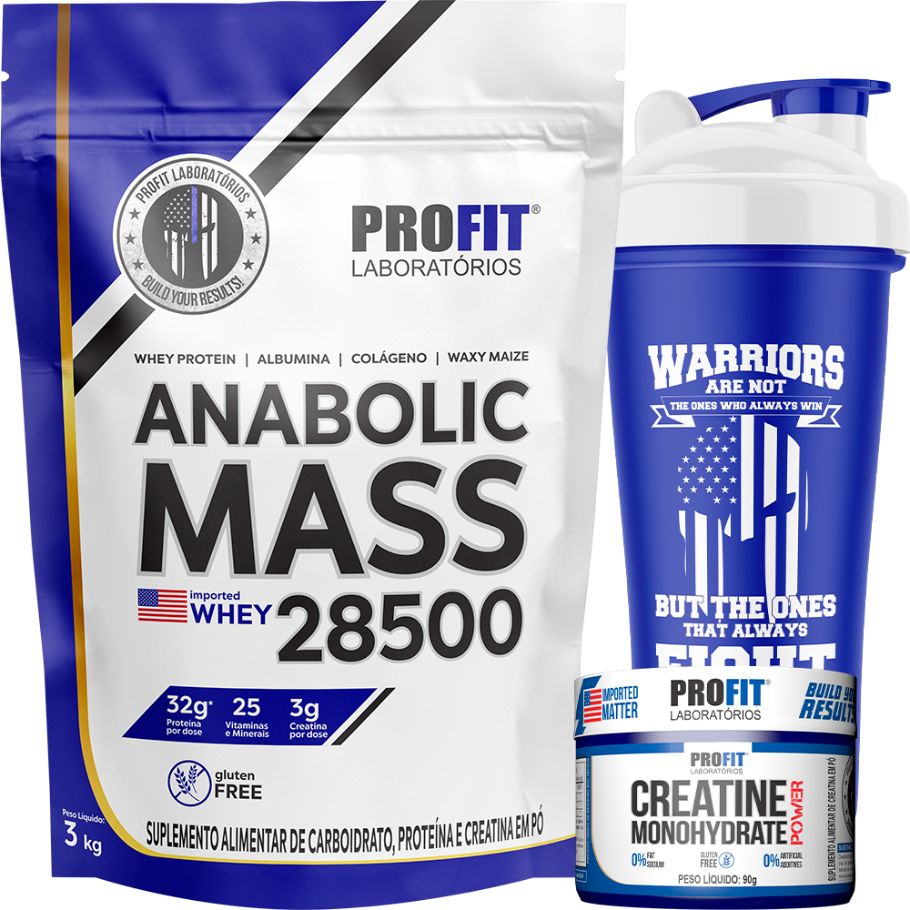 Anabolic Mass 28500 Massa Refil 3kg + Creatina Pote 90g + Coqueteleira - Profit Laboratórios