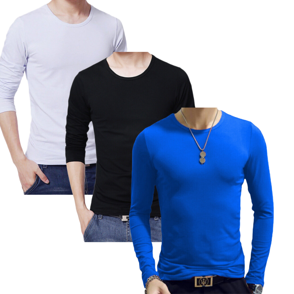 kit com 3 camisetas masculinas gola redonda manga longa