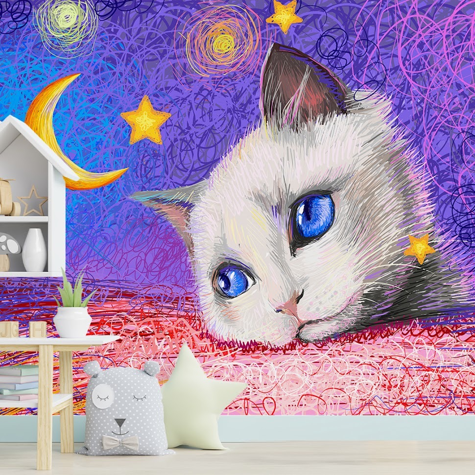 Papel Adesivo para Parede Gato Criança Sala Salinha Decoração M² Quarto de Menino Cat Bebe Adesivo P/Casa Menina Bebe Berçario