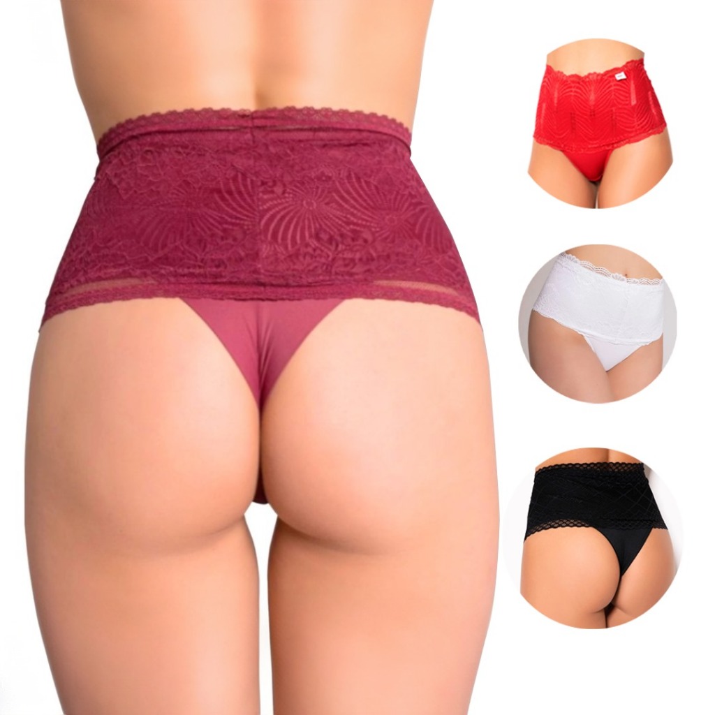 Kit com 4 Calcinhas Microfibra Cinta Cós Alto Fio Duplo Calcinha Modeladora Calcinha de Renda Fio