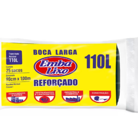 Saco de Lixo 110L Reforçado Boca Larga 90cmx100m Embalixo Preto Pacote 25 Unidades