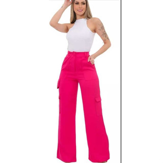 Calça Cargo Feminina Pantalona Boca de Sino Alfaiataria