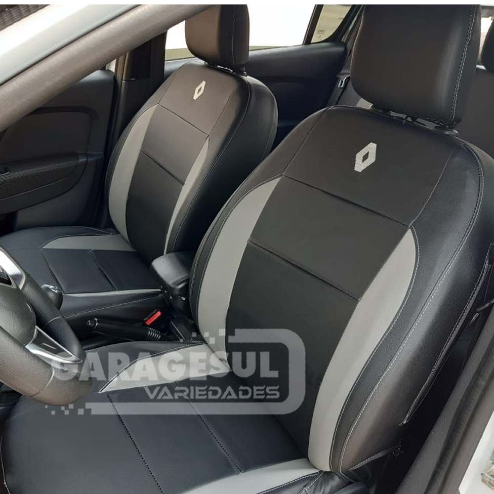 Capas de Bancos Automotivos Em Couro Preto e Cinza Sob Medida Sport Renault Logan 2009 a 2013