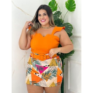 conjunto estampado plus size cropd e shorts saia com cinto moda verão