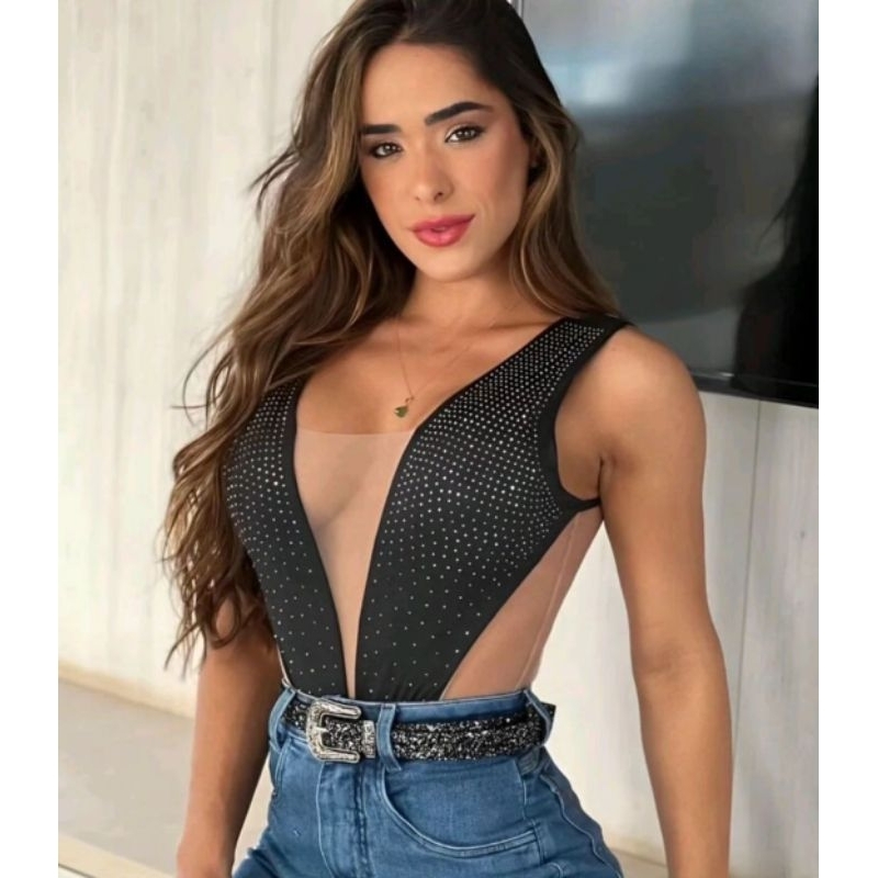 Body feminino cavado pedraria moda ref:059