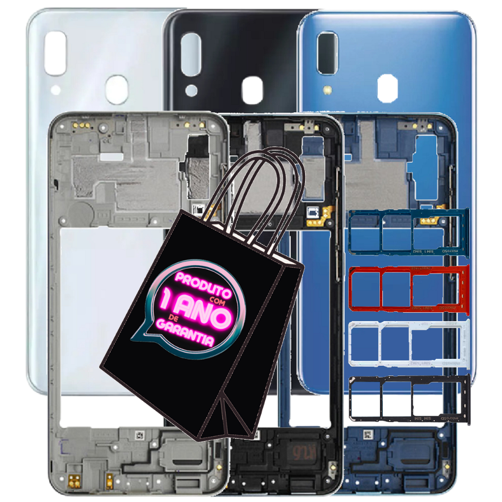Carcaça Completa Compatível Com Galaxy A20 Aro + Botões + Tampa + Gaveta Chip!
