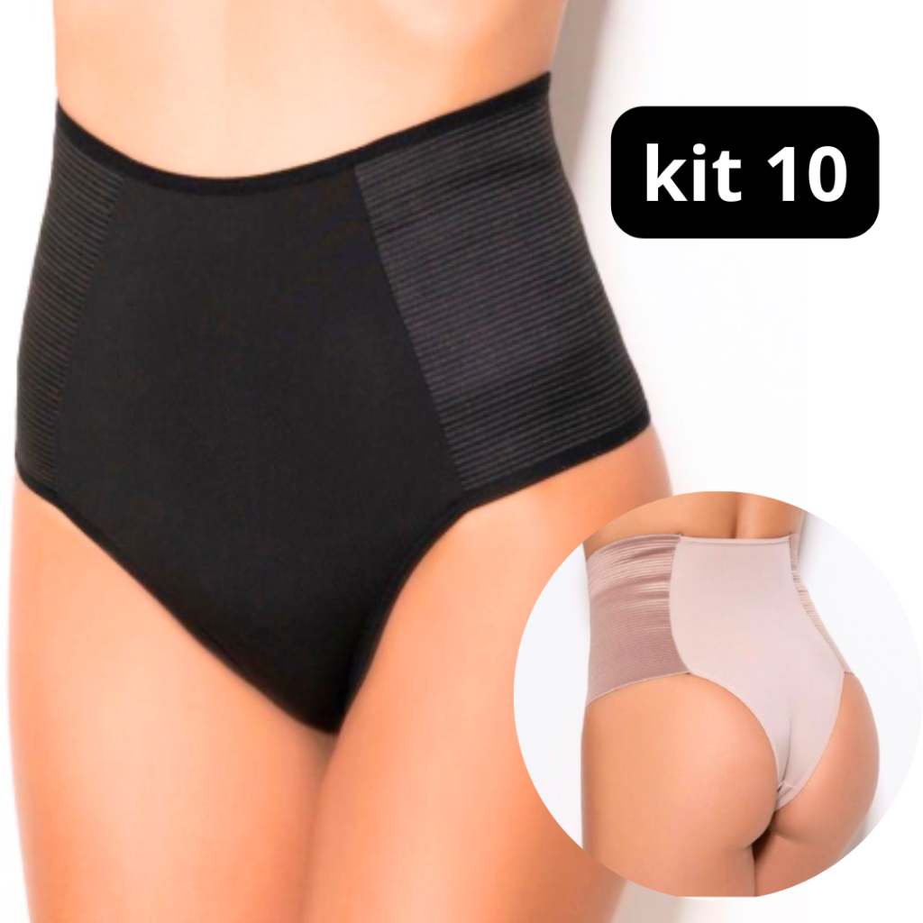 Kit 10 Calcinhas Cinta Modeladora Lingerie Cinta Calcinha Cinta Aperta Comprime Barriga Preto Bege