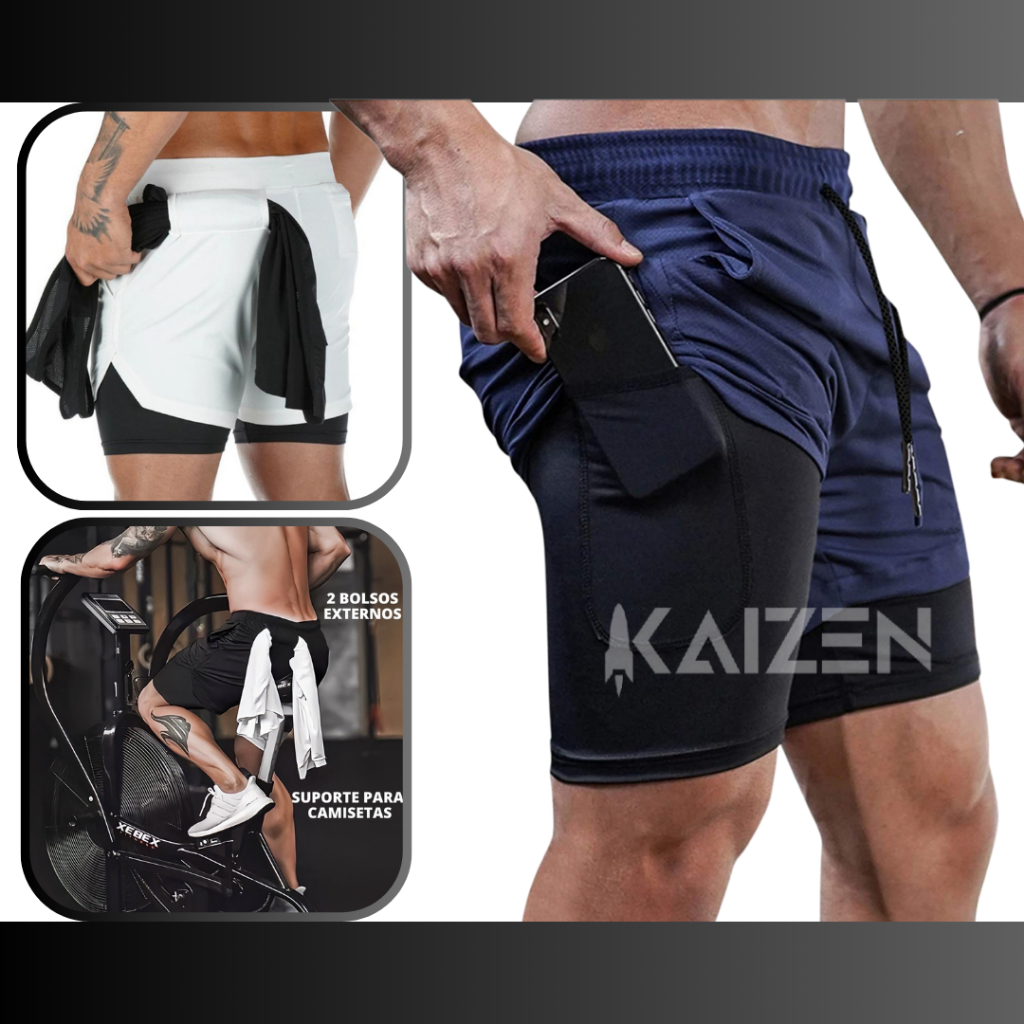 KIT 2 BERMUDAS 2 EM 1 KAIZEN  FIT COM PROTEÇAO UV ACADEMIA