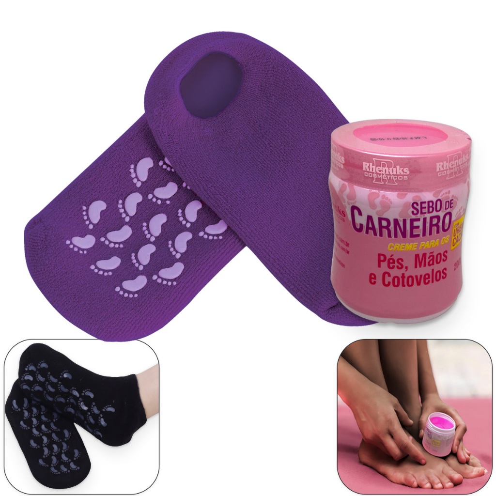 Kit Meias Antiderrapantes de Silicone + Creme Loção de Gel Sebo de Carneiro Hidratação Pés, Mãos, Cotovelos, Ressecados.