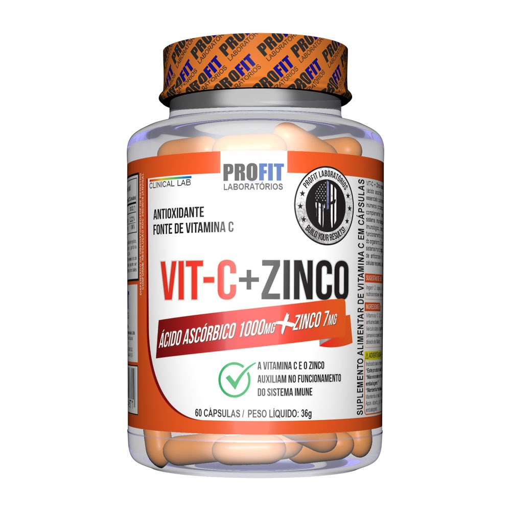 Vitamina C 1000mg + Zinco 7mg - 60 Cápsulas - PROFIT - Health