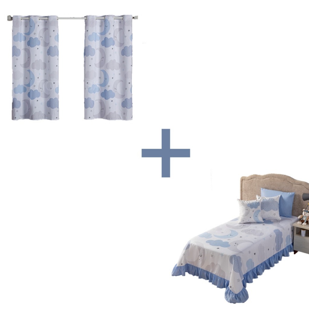 Kit Solteiro Infantil com Cortina 2 Metros + Colcha Cobre Leito 07 Peças  Menina/Menino Nuvem Azul