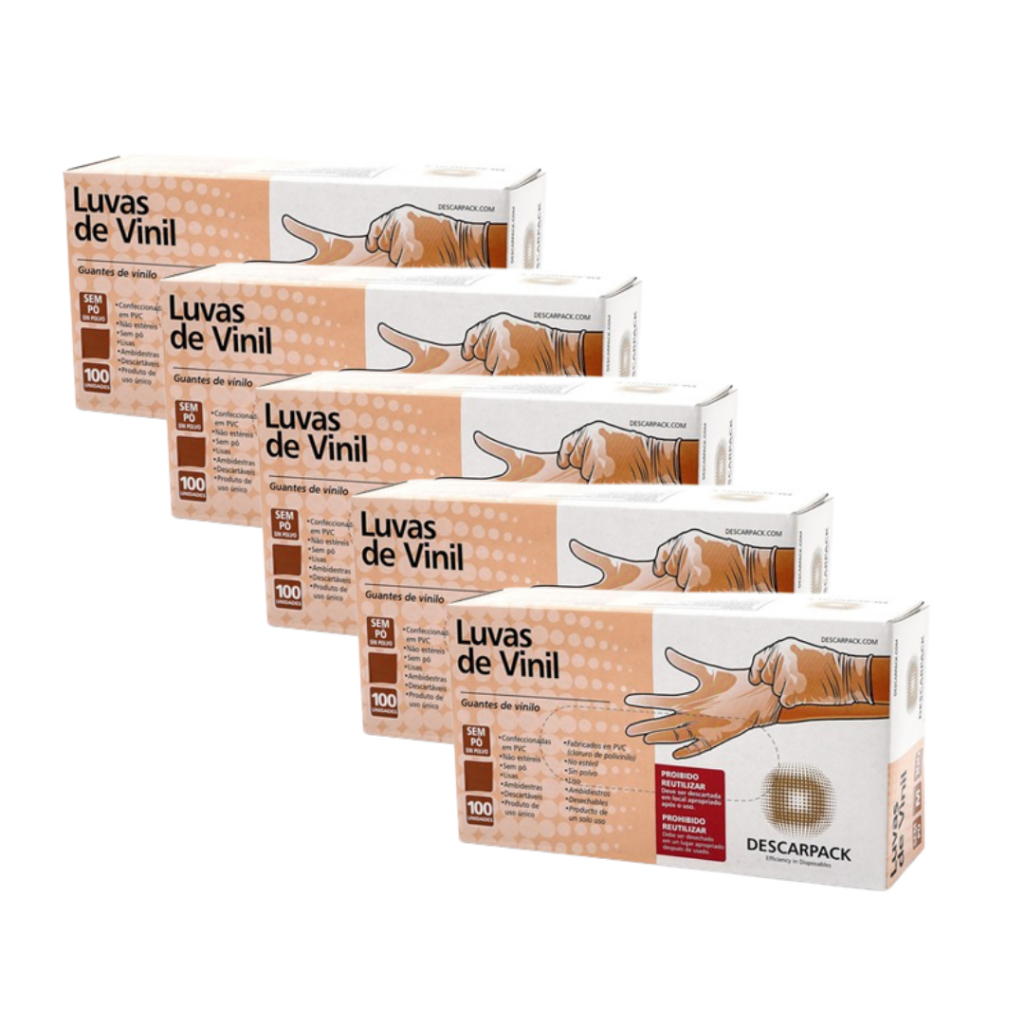 Kit com 5 Luva de Vinil Sem Pó Atóxica 100un