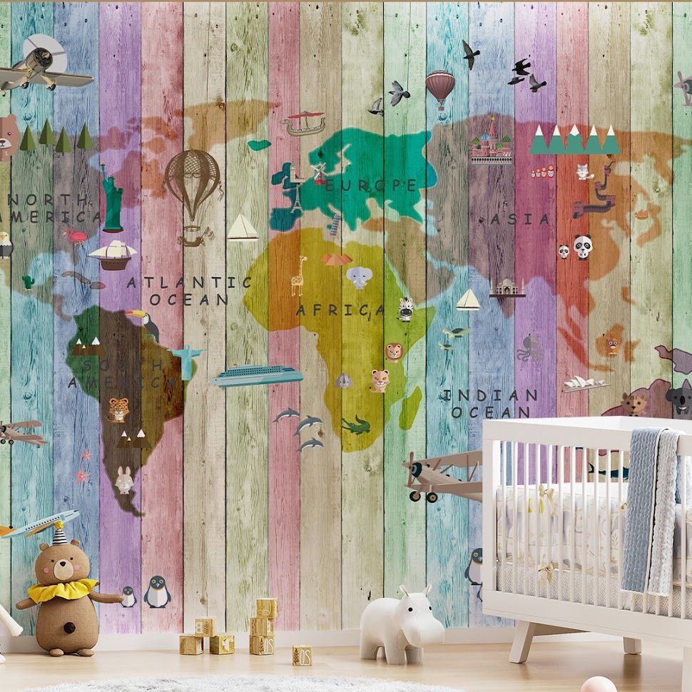 Papel Adesivo de Parede Mapa Mundi Madeira Simulação Criança Sala Salinha Decoração M² Quarto de Menino Bebe Adesivo P/Casa Menina Bebe Berçario