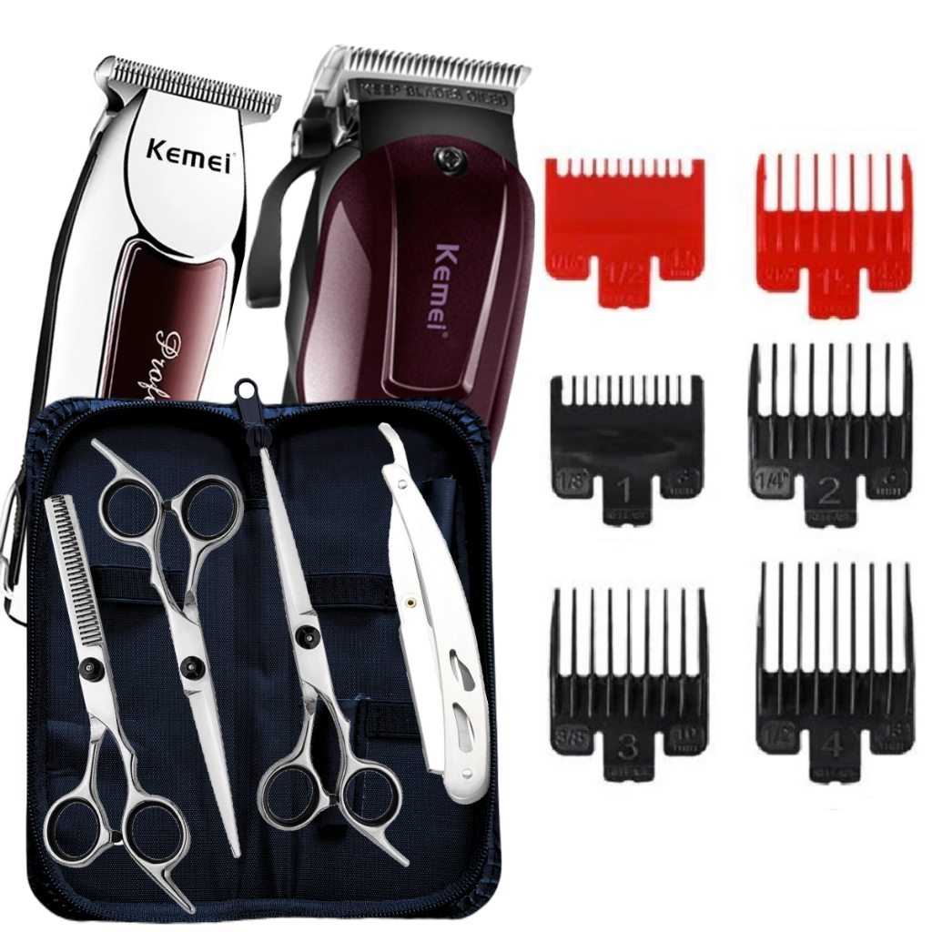 Kit 3 Tesouras Profissionais Barbeiro Máquinas Corte e Acabamento Kemei KM2600 e KM9163 Maquina Cortar Cabelo e Maquina de Pezinho com Tesoura Fio Laser Fio Navalha e Desfiadeira + Navalhete