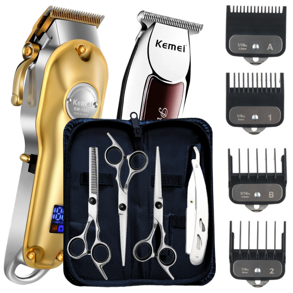 Kit Máquina De Cortar Cabelo + Kit 3 Tesouras Para Barbeiro Profissional Maquina Kemei Kit Barbeiro Tesoura Fio Laser
