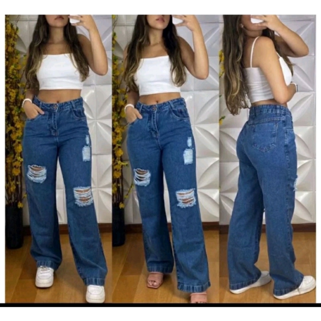 Calça Jeans Cintura Alta Wide Leg Pantalona Moda Gringa Juliette