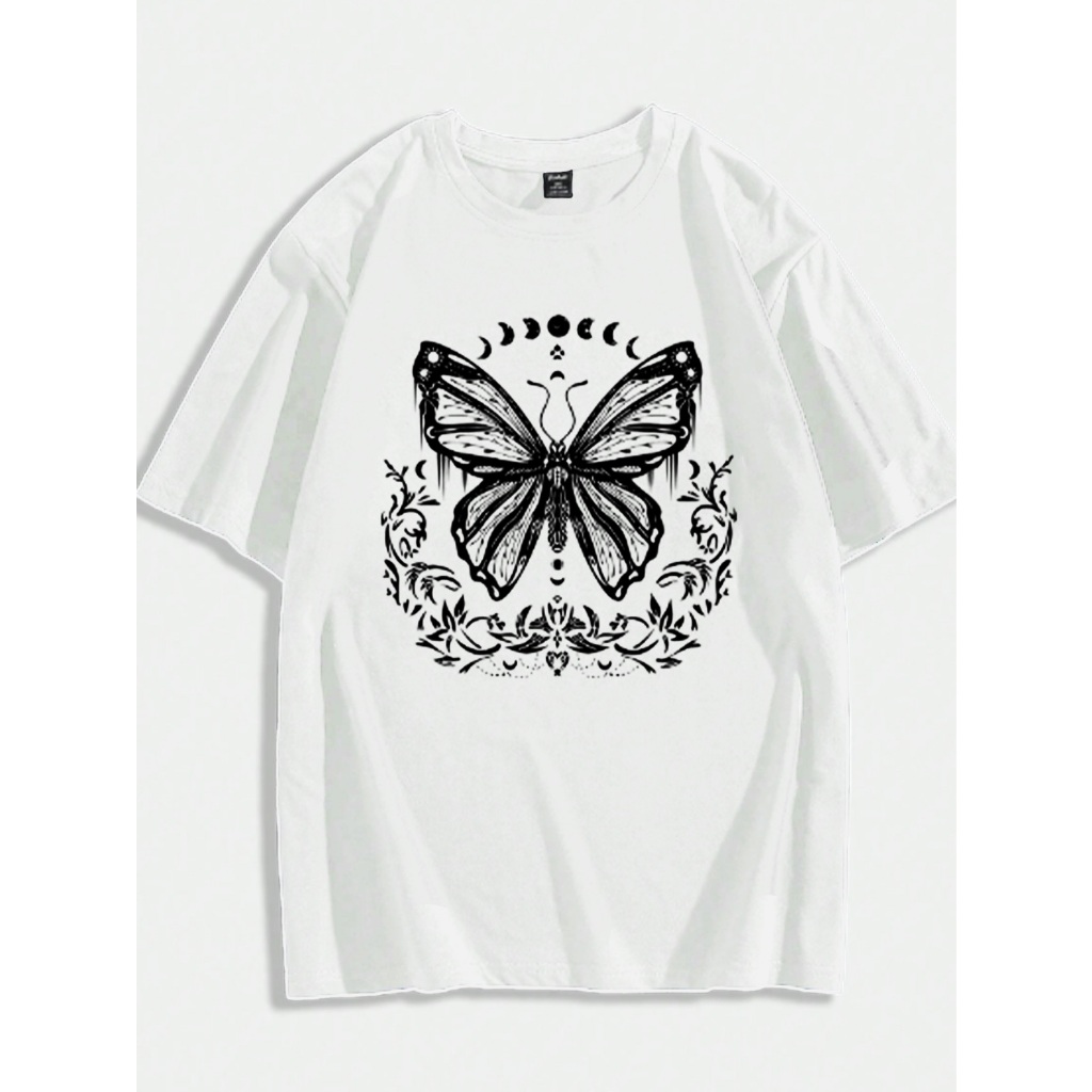 Camiseta Oversized Estampada Desenho Borboleta Fases Lua Céu Streetwear Unissex Tecido Macio Confor