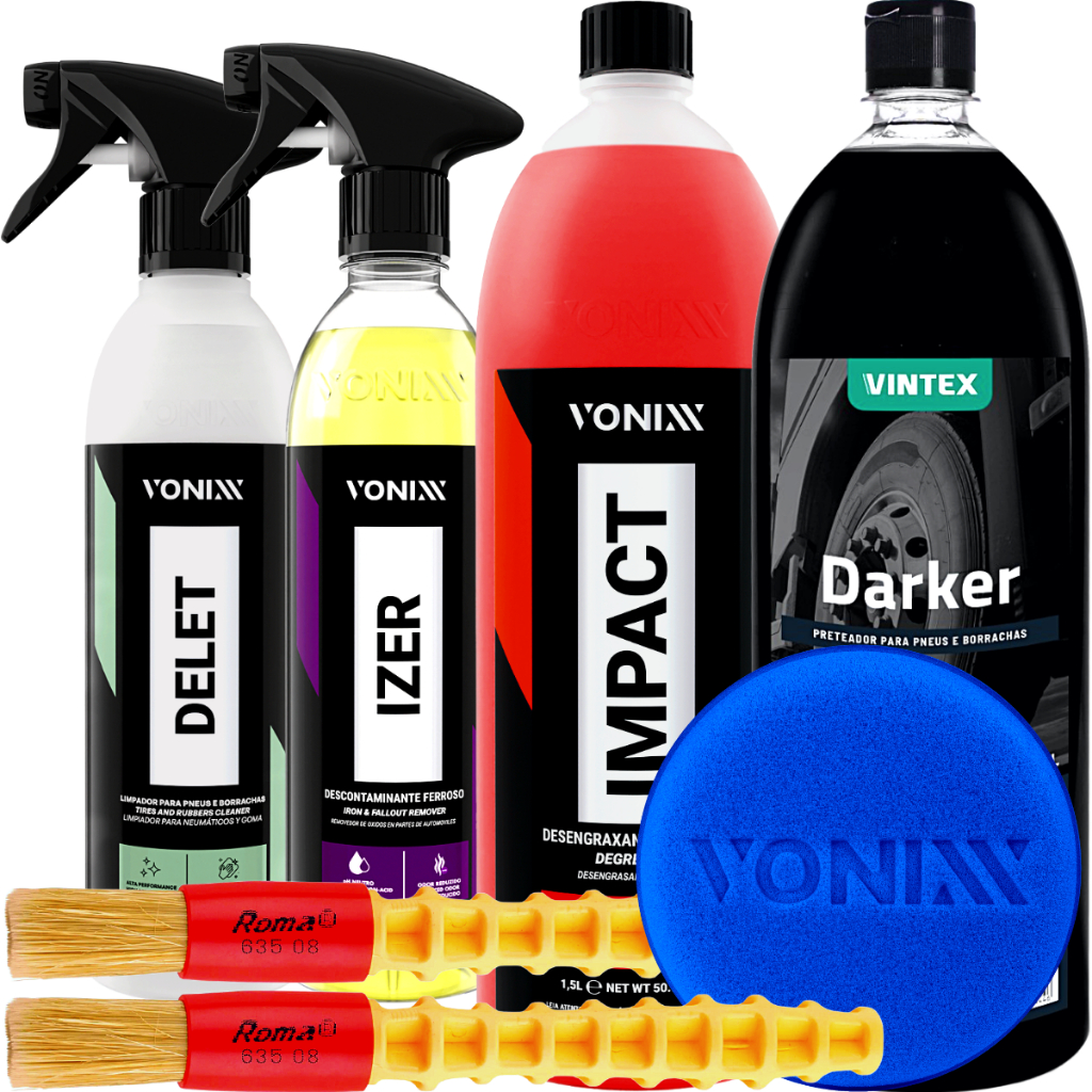 Kit para Limpar Pneu Roda Izer Descontaminante Ferroso Impact Desengraxante Darker Pneu Pretinho Selante Delet Limpa Borrachas Vonixx - Spare Parts and Accessories for Vehicles