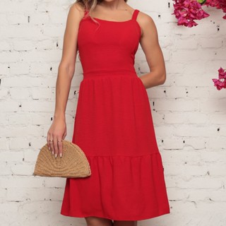Vestido Modelo Feminino Alça Trançada E Elástica - Abertura Nas Costas E Detalhe Em Laço Para Amarração - Tecido Confeccionado Em Duna / Urbano / Casual / Elegante / Verão