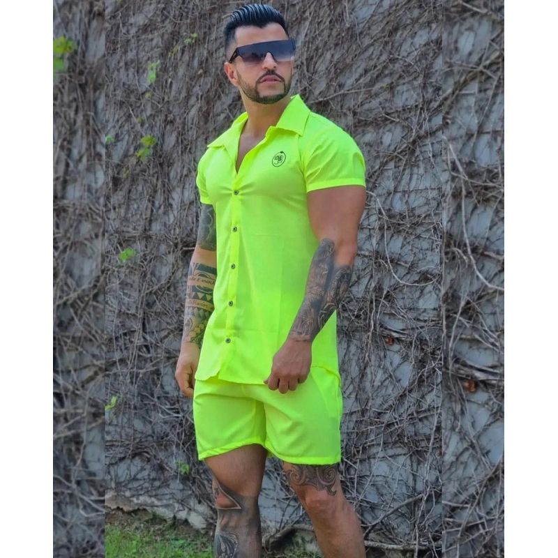 Conjunto Praia Estampado 2 Peças Camisa e Short Masculino Neon Tecido Tactel com Elastano Verão