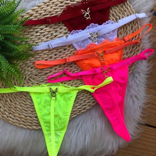 Kit 5 Calcinhas Playboy Fio Dental Sensual Em Renda Pingente Coelhinha Sensual