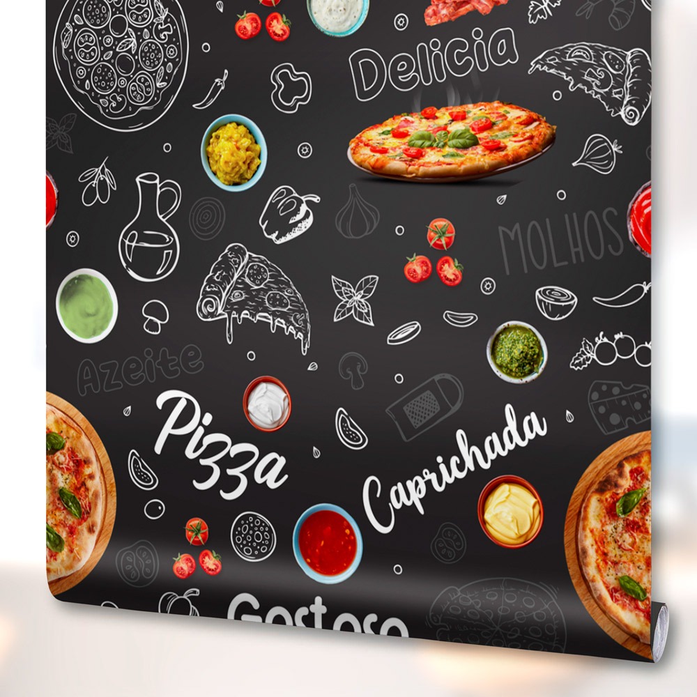 Papel de Parede Pizzaria Pizza Decoração Adesivo Massa Italiana Preto