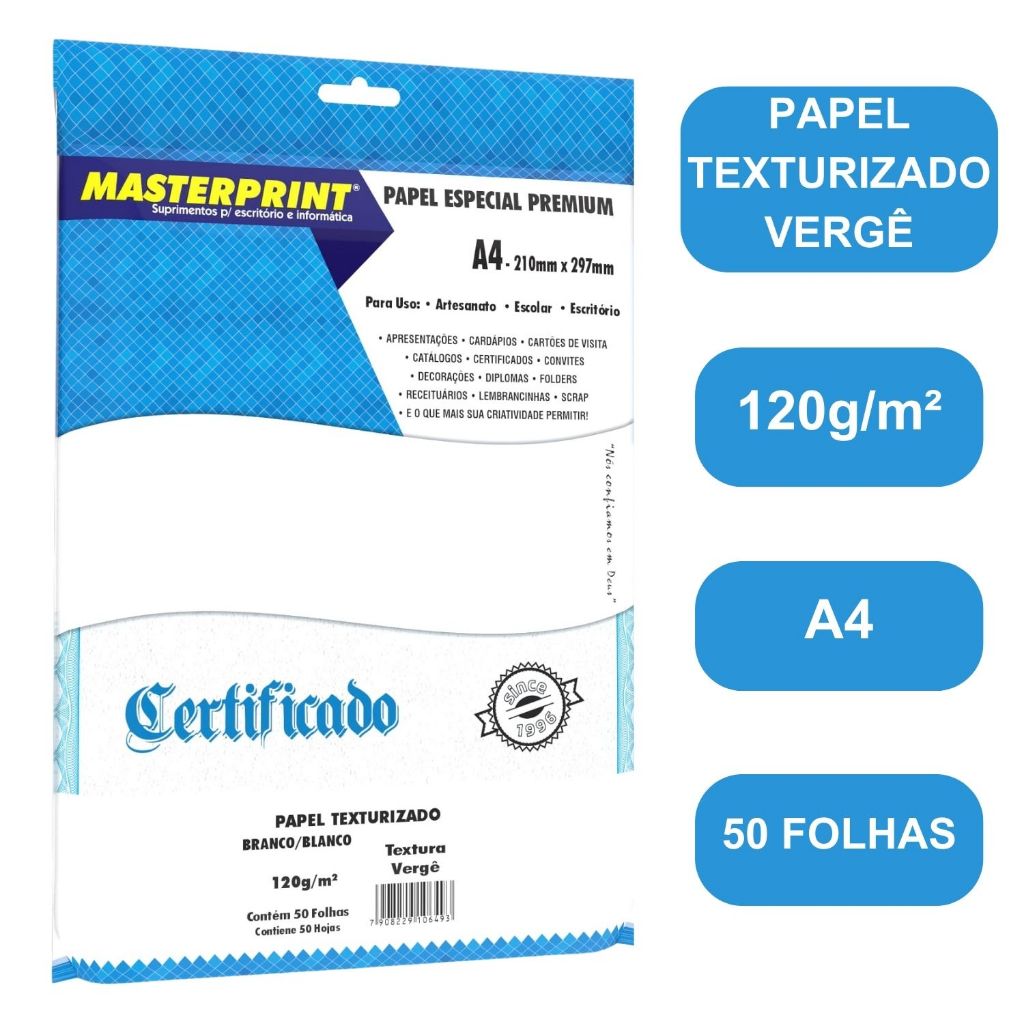 Papel  Verge Texturizado 120g Branco A4 c/ 50 fls  Masterprint em Oferta na Shopee