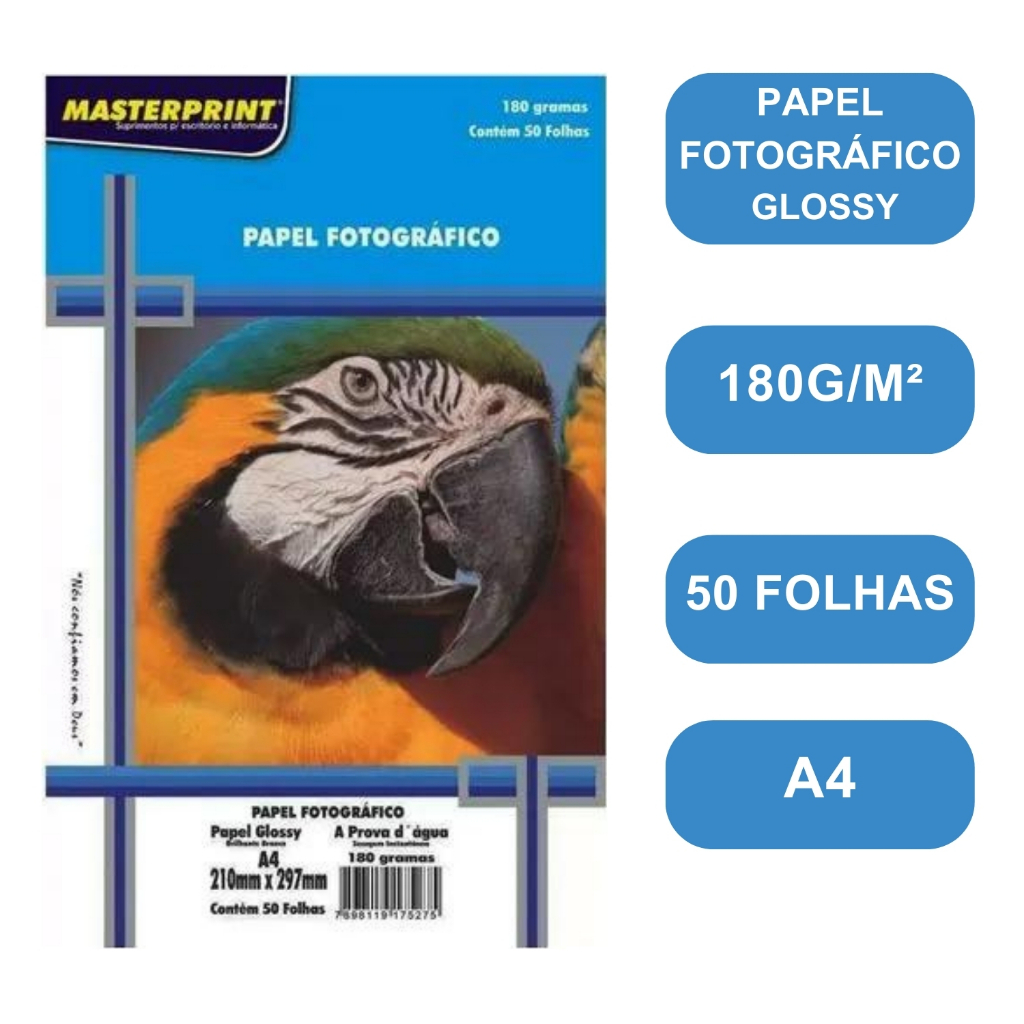 Papel Fotográfico Foto Glossy Brilhante 180g Resistente a água Premium A4 MASTERPRINT em Oferta na Shopee