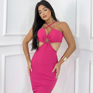 Vestido Feminino Midi Canelado Fenda Lateral Festa Verão Alcinha