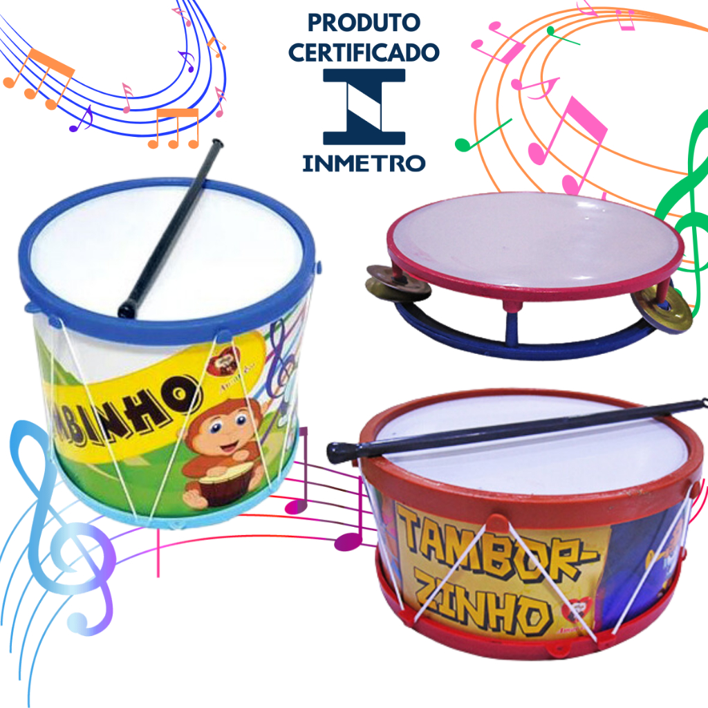 Kit Musical Brinquedos Educativo C/3 Instrumentos Tamborzinho Pandeiro Bumbinho Infantil