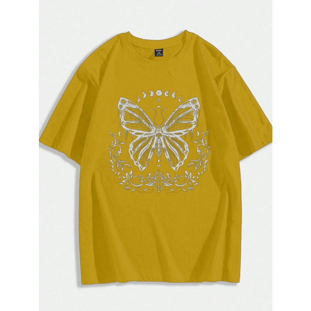 Camiseta Oversized Estampada Desenho Borboleta Fases Lua Céu Streetwear Unissex Tecido Macio Confor