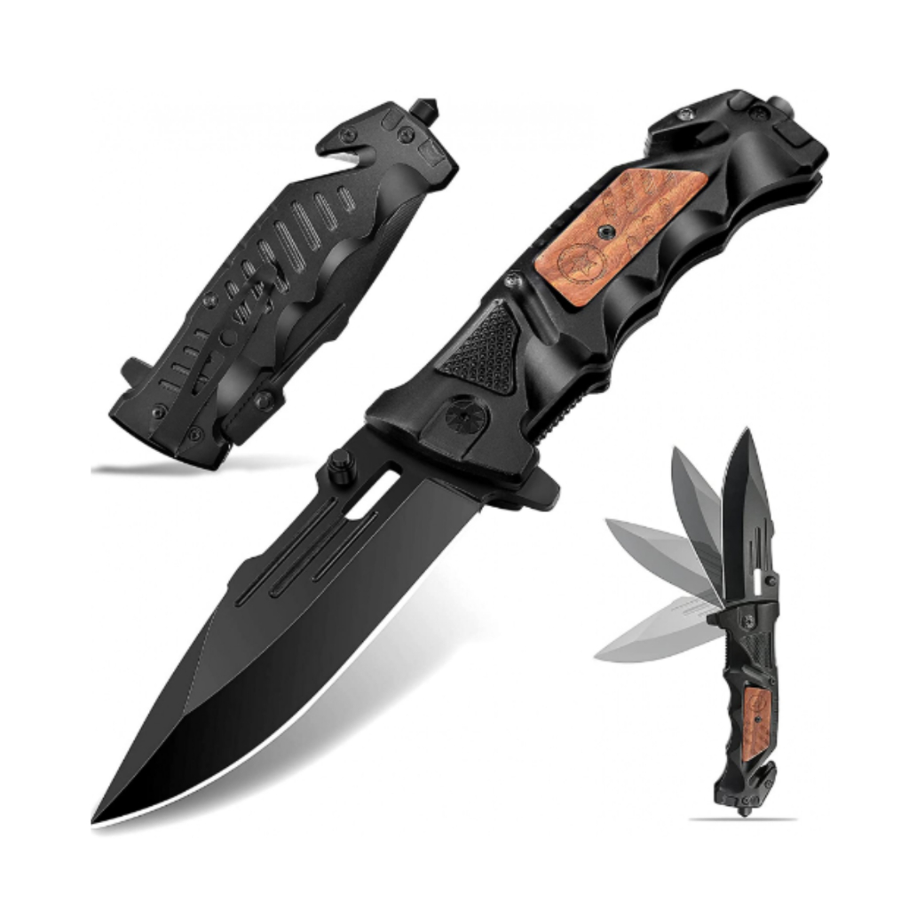 Canivete Retrátil Portátil De Bolso Faca Camping Pesca Caça Cor Preto/Madeira