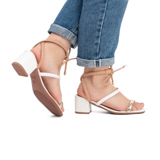 Sandália saltinho feminino de tiras com amarração Salto Tamanco lançamento verão 2022 colorida moda cores tendência
