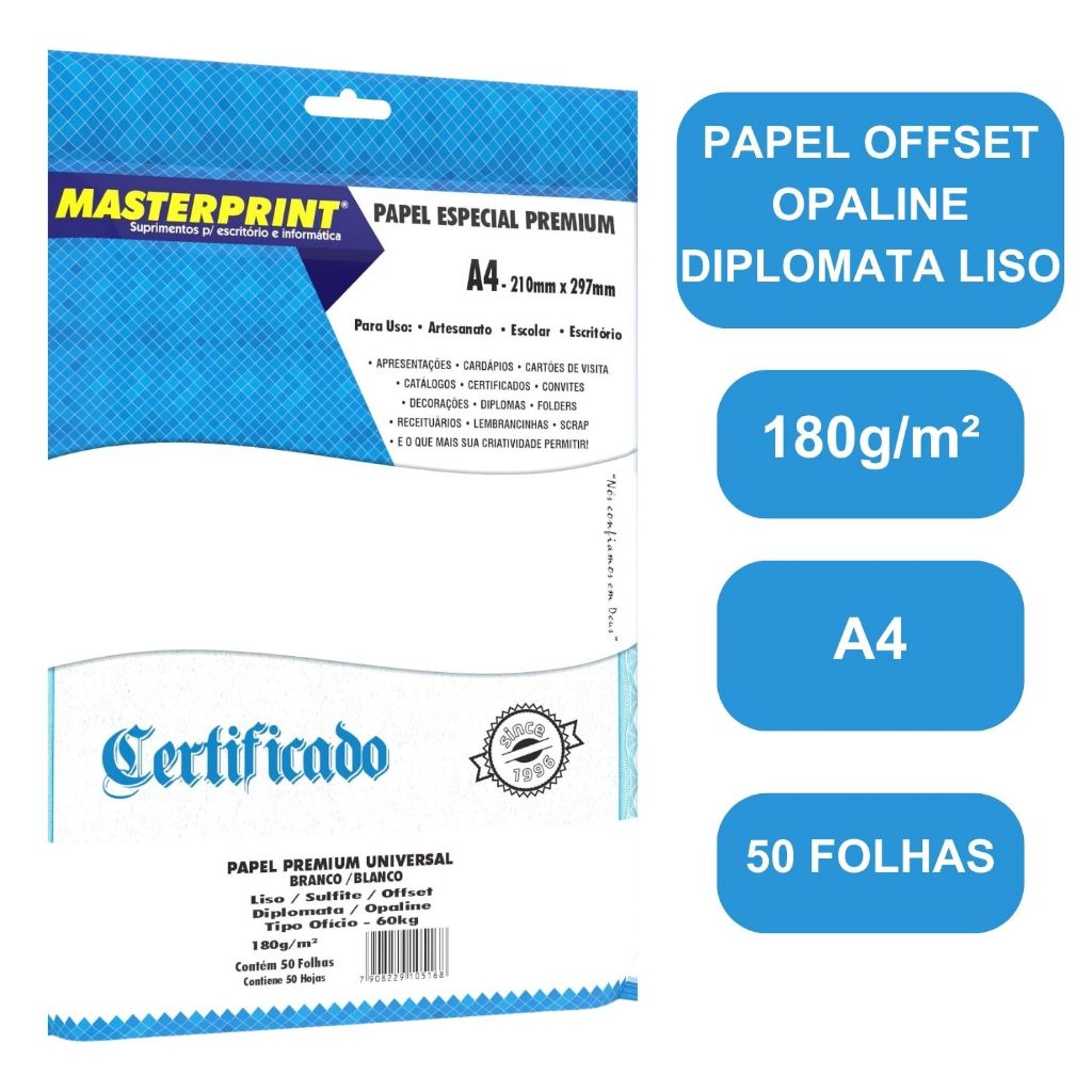 Papel Cartão  A4 Sulfite Offset Opaline Liso Diplomata 180g  Masterprint em Oferta na Shopee