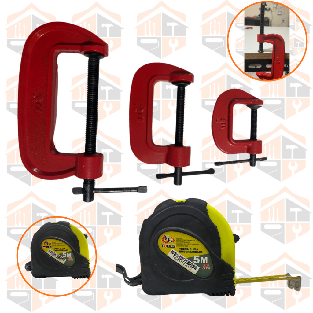Kit Jogo De Grampos Profissional Tipo C Com 3 Peças e Trena C/ Imã Emborrachada 5 Metros