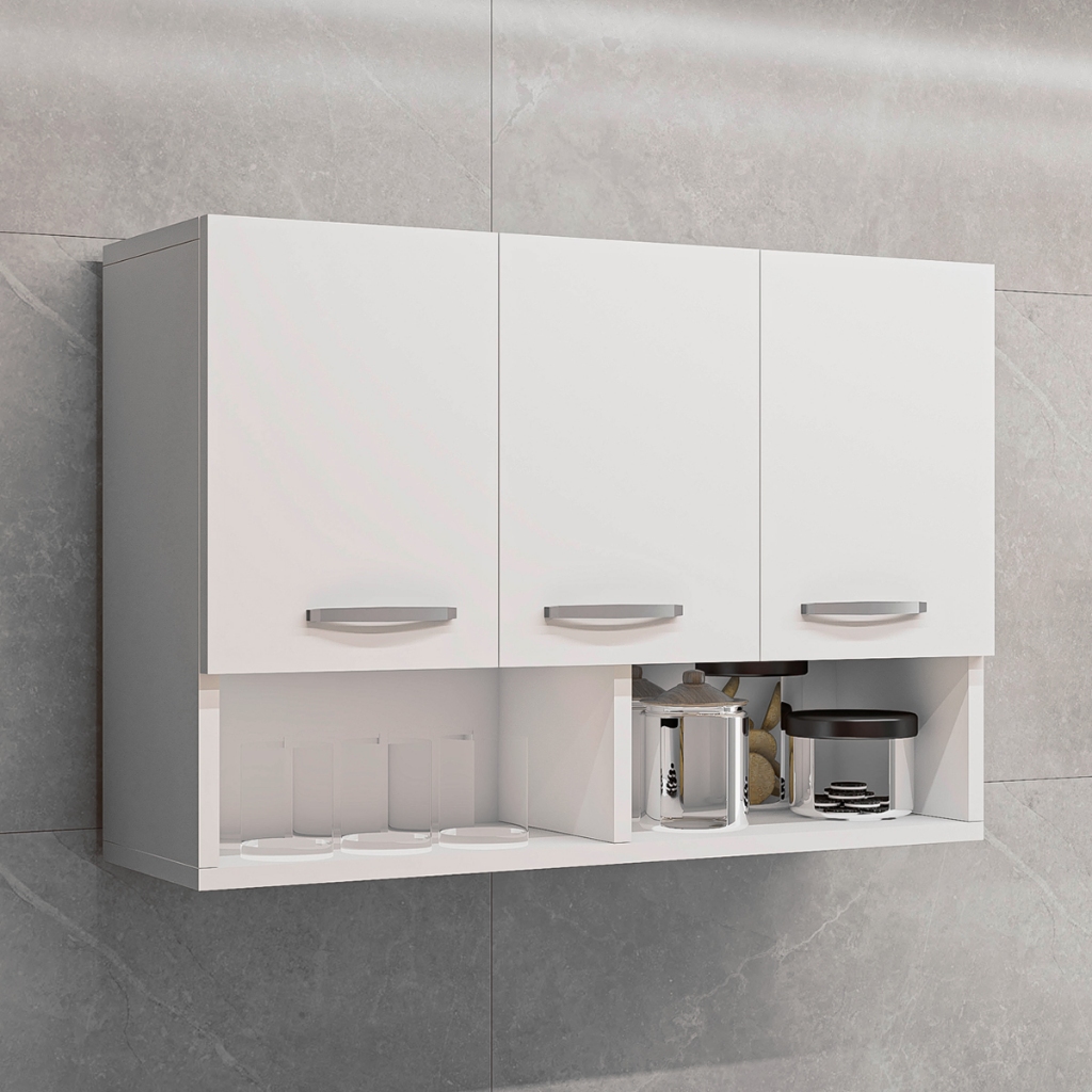 Armário de Cozinha Suspenso Multiuso Aéreo Com 3 Portas Top Class 90cm Branco Preto