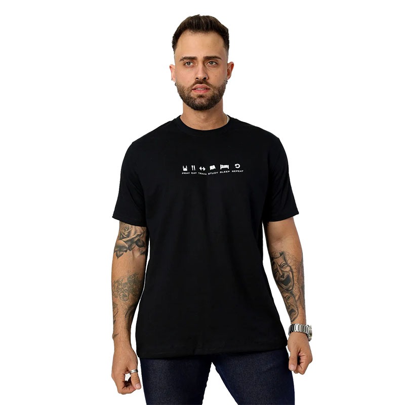 BlusaT-Shirt Masculina Camiseta TAMANHO GG Algodão Preta Estampada Pray Eat Train Study Repeat Sleep Confortável Fio 30.1 PenteadoT-Shirt Masculina Camiseta TAMANHO GG Algodão Preta Estampada Pray Eat Train Study Repeat Sleep Confortável Fio 30.1