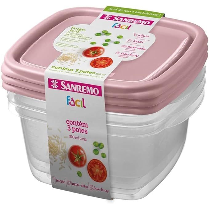 Conjunto 3 Potes Plastico Sanremo Rosa 800ml
