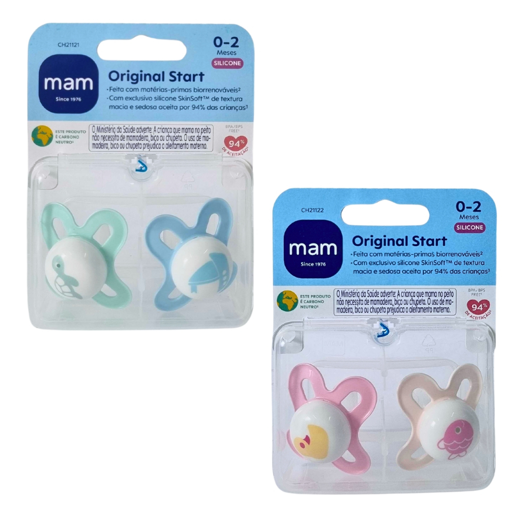 Kit 2 Chupeta MAM 0-2 Meses Start Bico Silicone Bebê Infantil Recém Nascido Rosa Azul Caixinha Recém Nascido