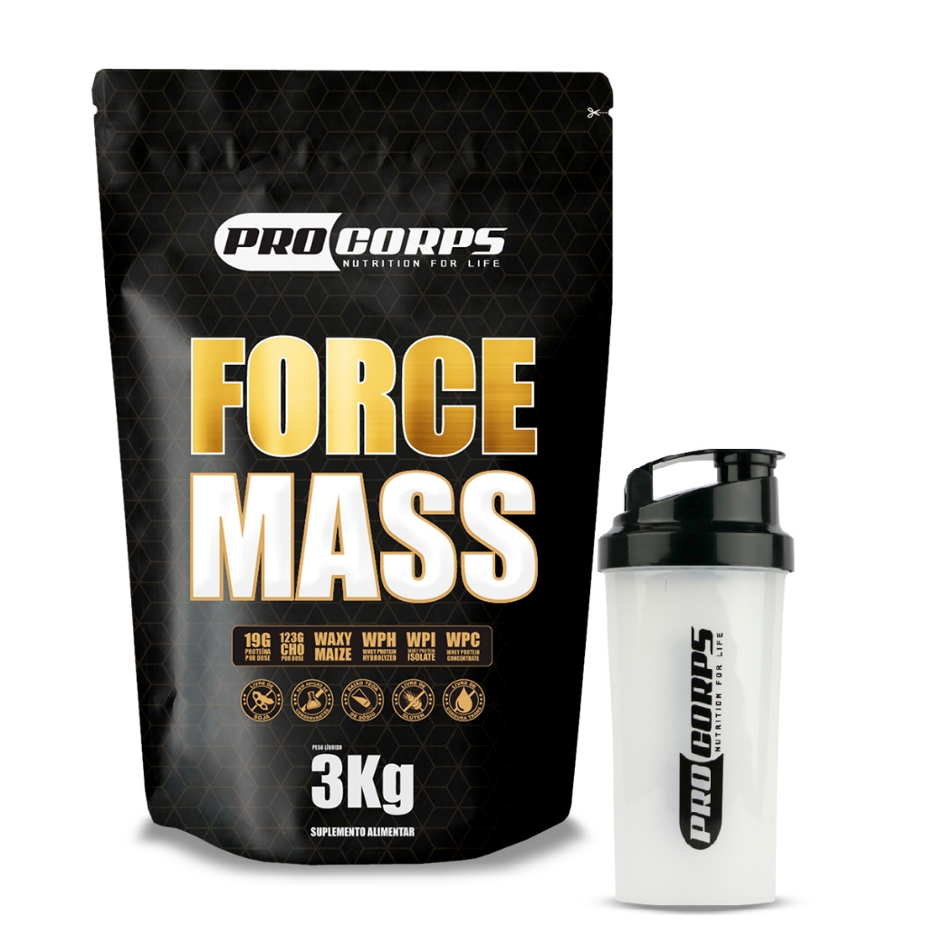 Suplemento Hipercalórico 3kg Force Mass + 1 Coqueteleira 600ml - Ganhe Massa Muscular Pro Corps