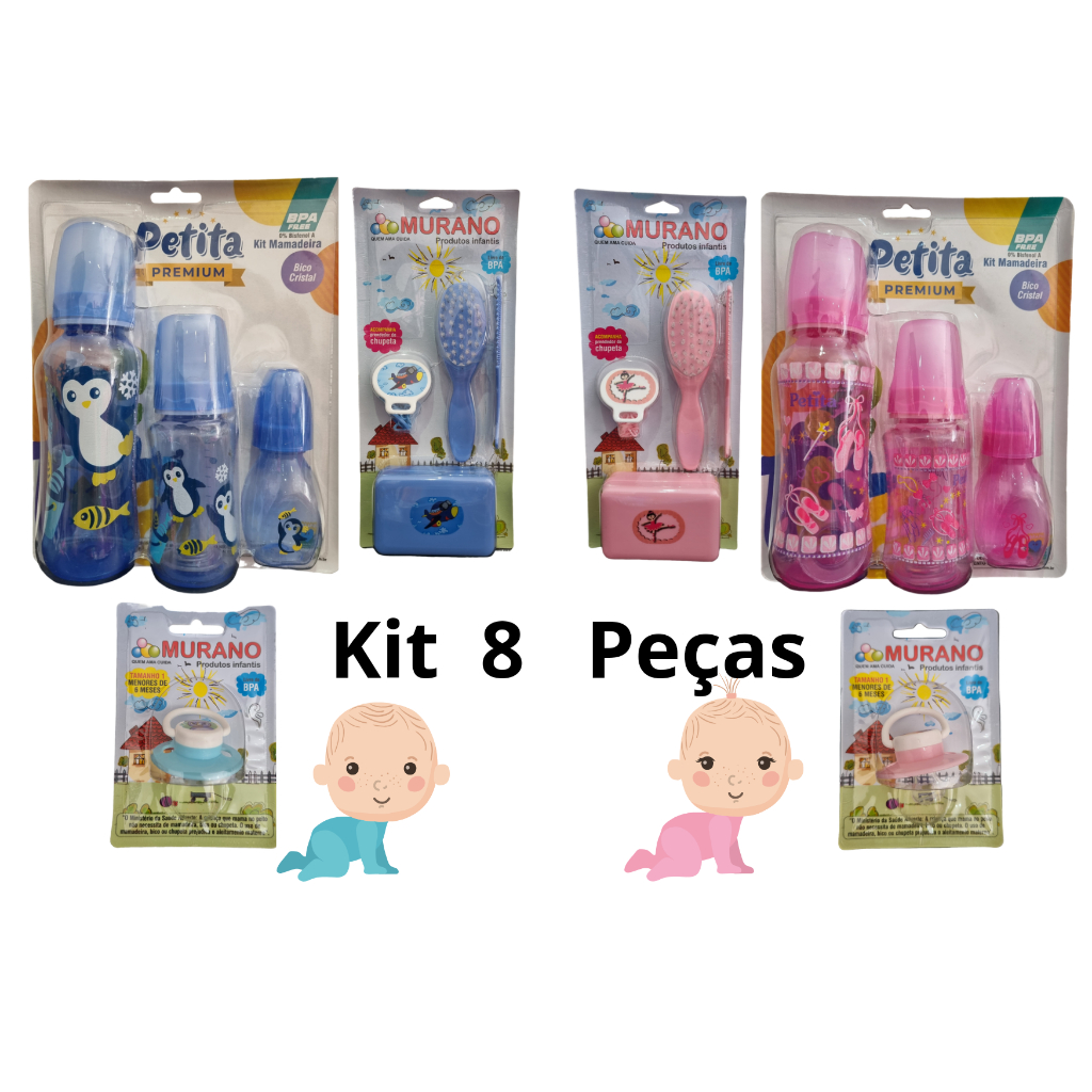 KIT 8 PEÇAS - MAMADEIRA PETITA + CHUPETA + KIT BANHO MURANO PARA BEBÊS Menino ou Menina