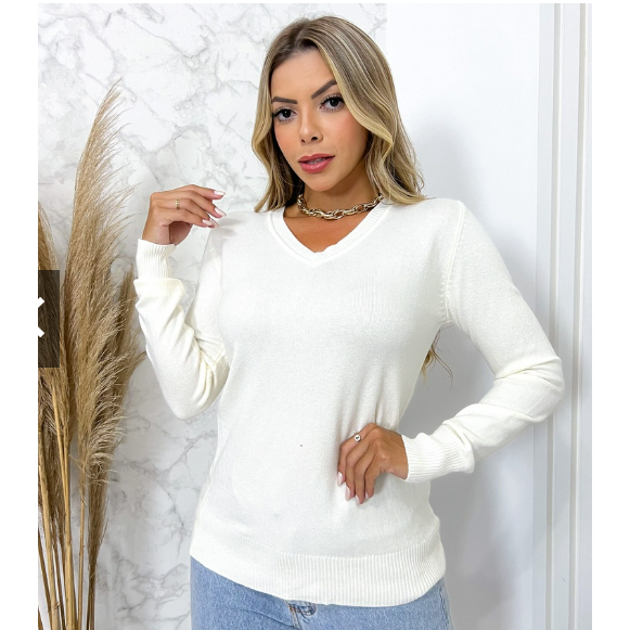 Blusa Feminina Suéter Moletom Básica De Modal Gola V Inverno